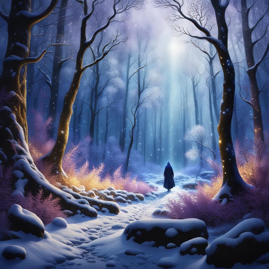 Mystical Forest Figure in Falling Snow: Matte Painting