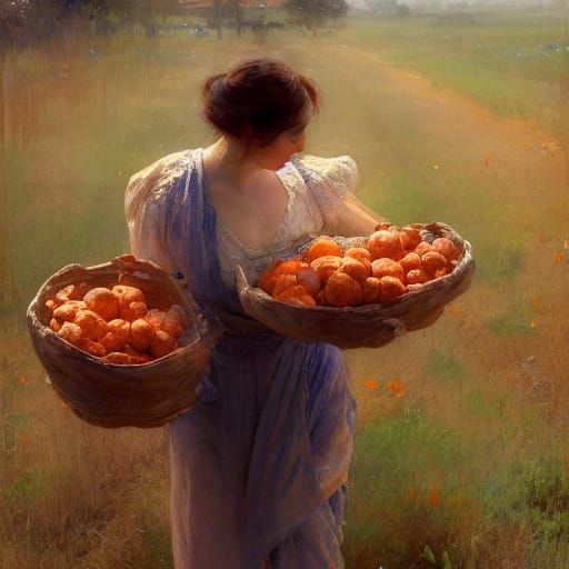 Woman Harvesting Sweet Potatoes in Gouache and Watercolor