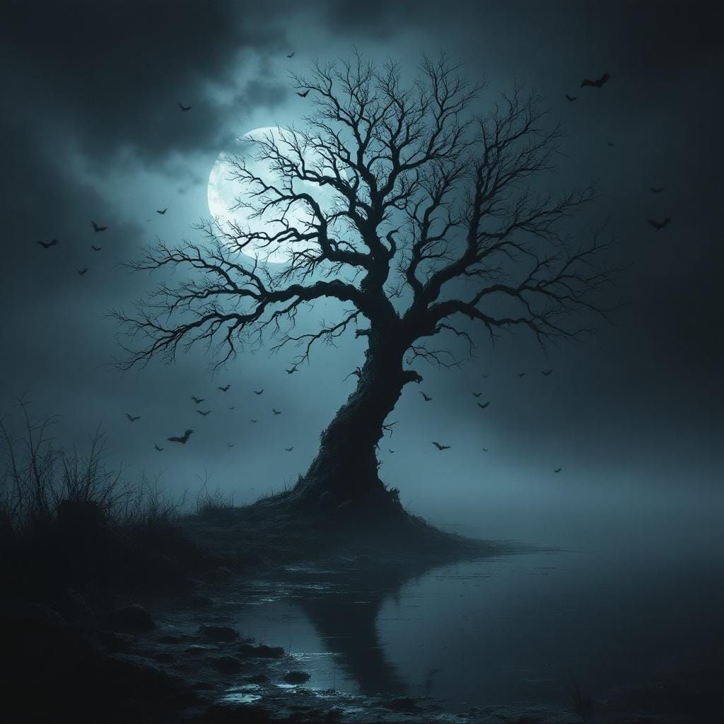 Eerie Lakeside Tree Under Moonlight, in Dark Romanticism