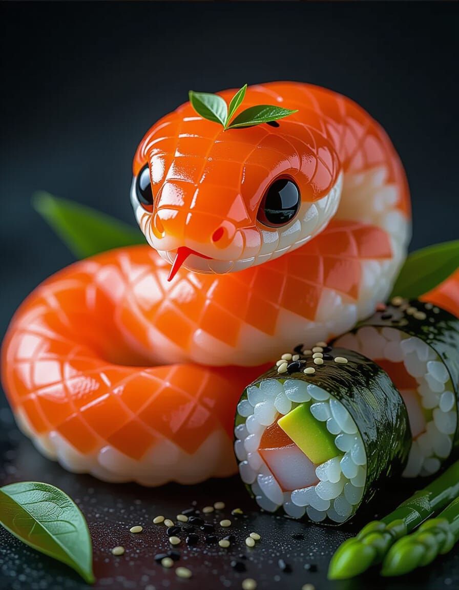 Sushi Snake Sculpture in a Hyper-Realistic Style
