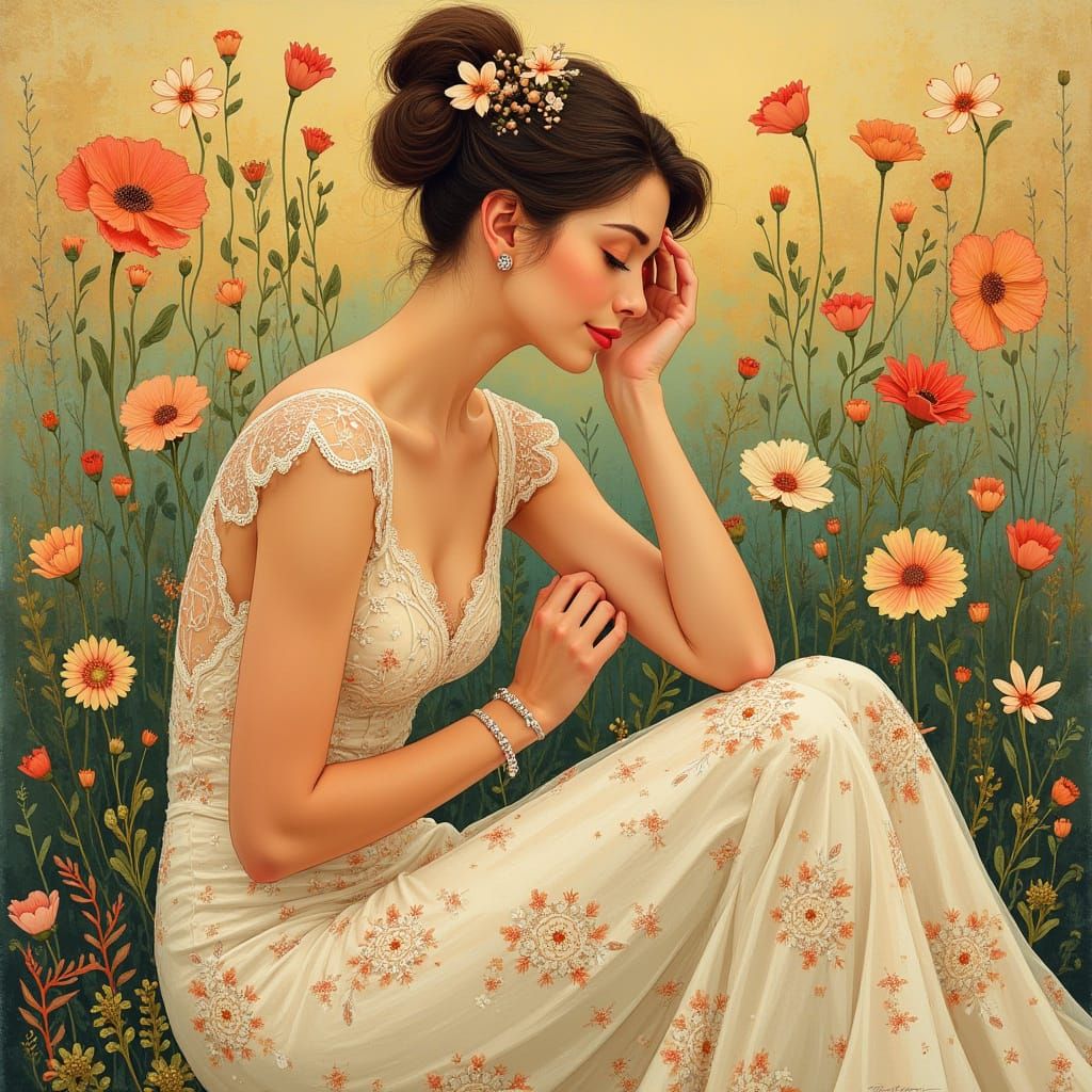 Elegant Woman with Floral Crown in Art Nouveau Style
