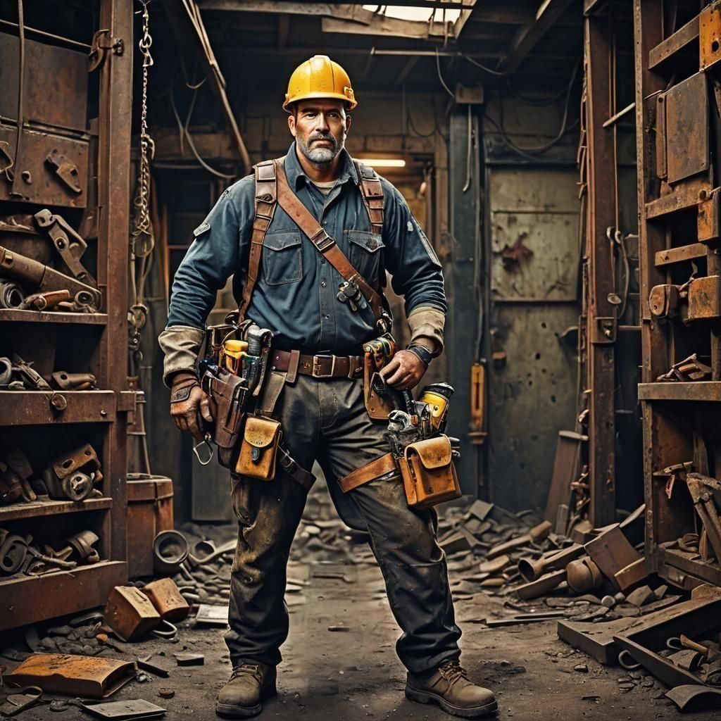Hyperrealistic Workman with Detailed Tool Belt
