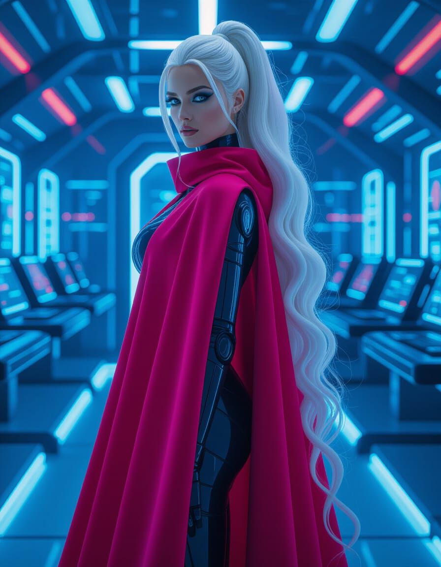 Cybernetic Woman in Futuristic Cityscape, Cyberpunk Film Sti...