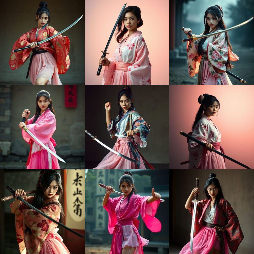 Fair-Toned Young Woman Wields Katana in Traditional Japanese...