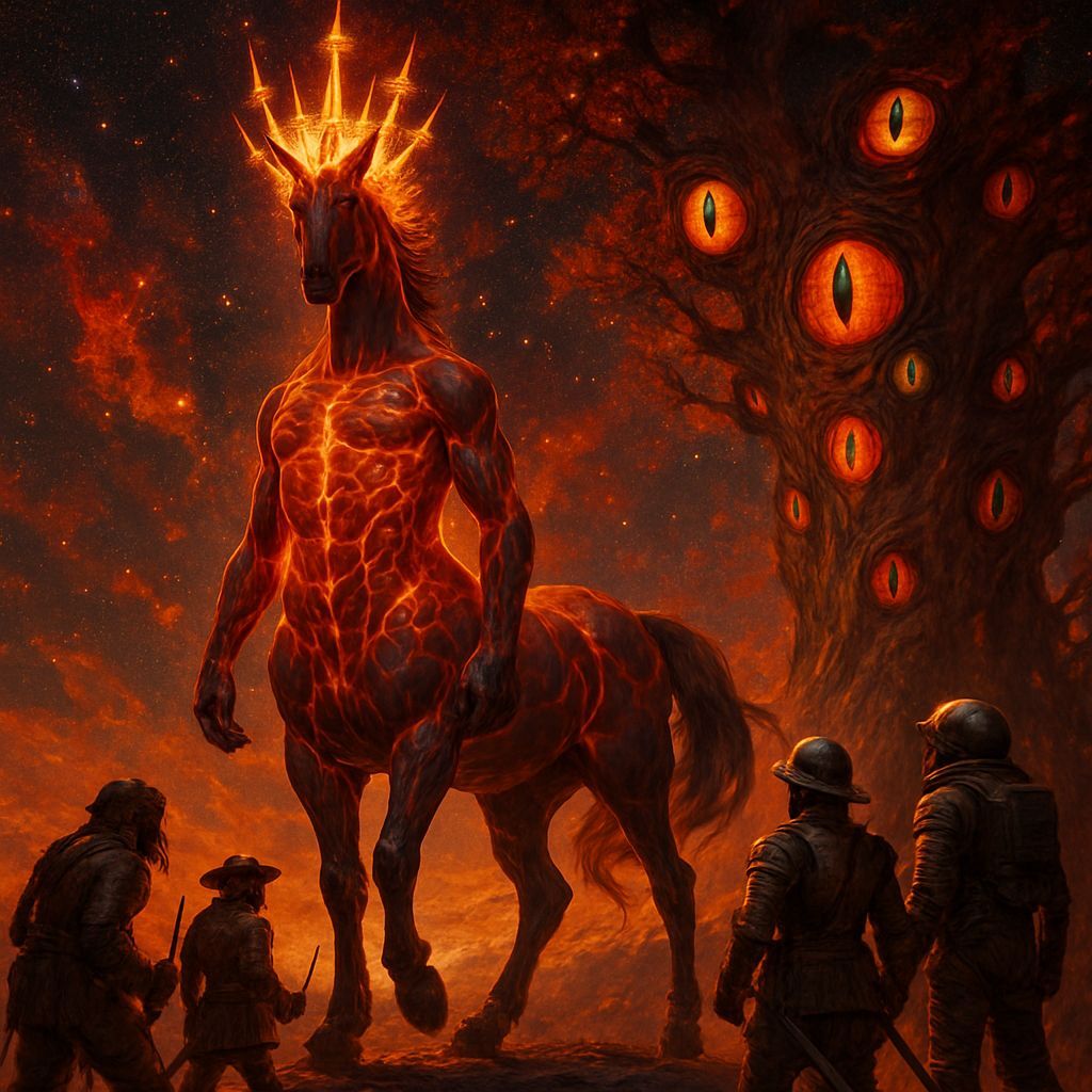 Cosmic Sagittarius God in a Fantasy Landscape