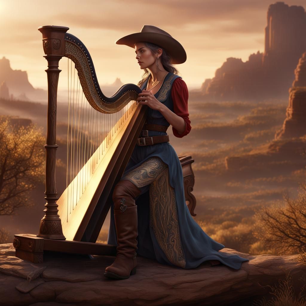 Female Cowboy Plays Harp in Fantasy Art Style