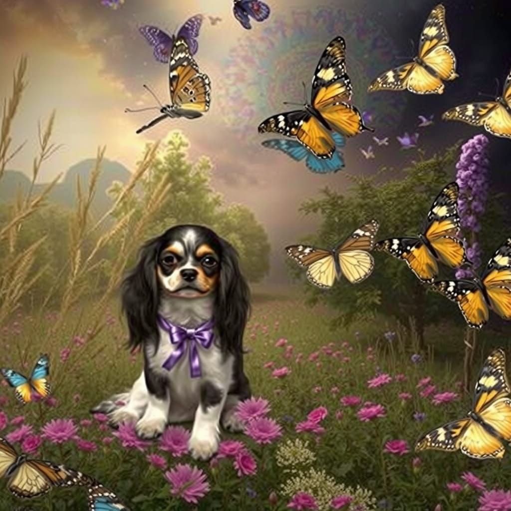 Epic Papillon Dog Surrounded by Majestic Butterflies in a St...