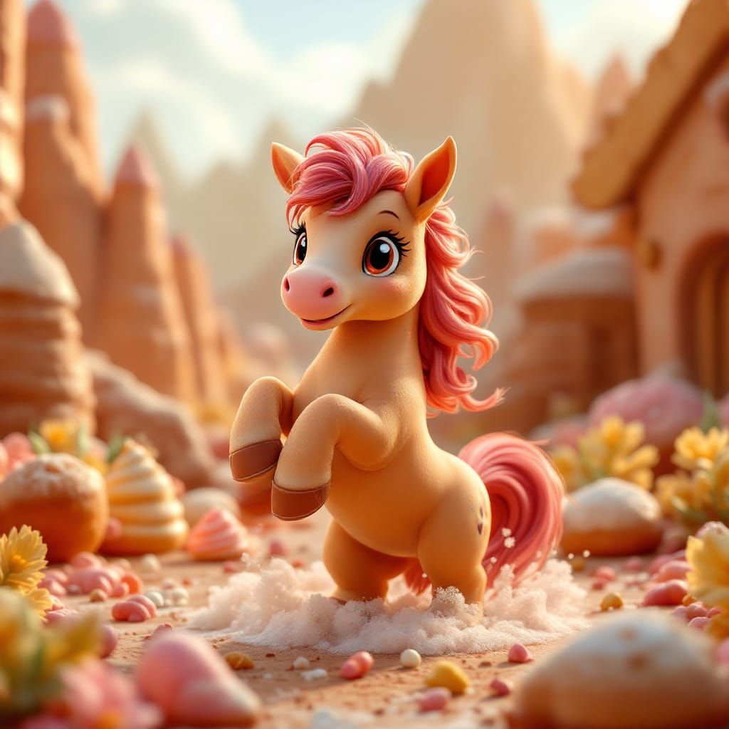 CGI Cartoon Pony in Candy Wonderland