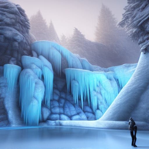 Frozen Waterfall Ice Skating: Detailed Matte Painting