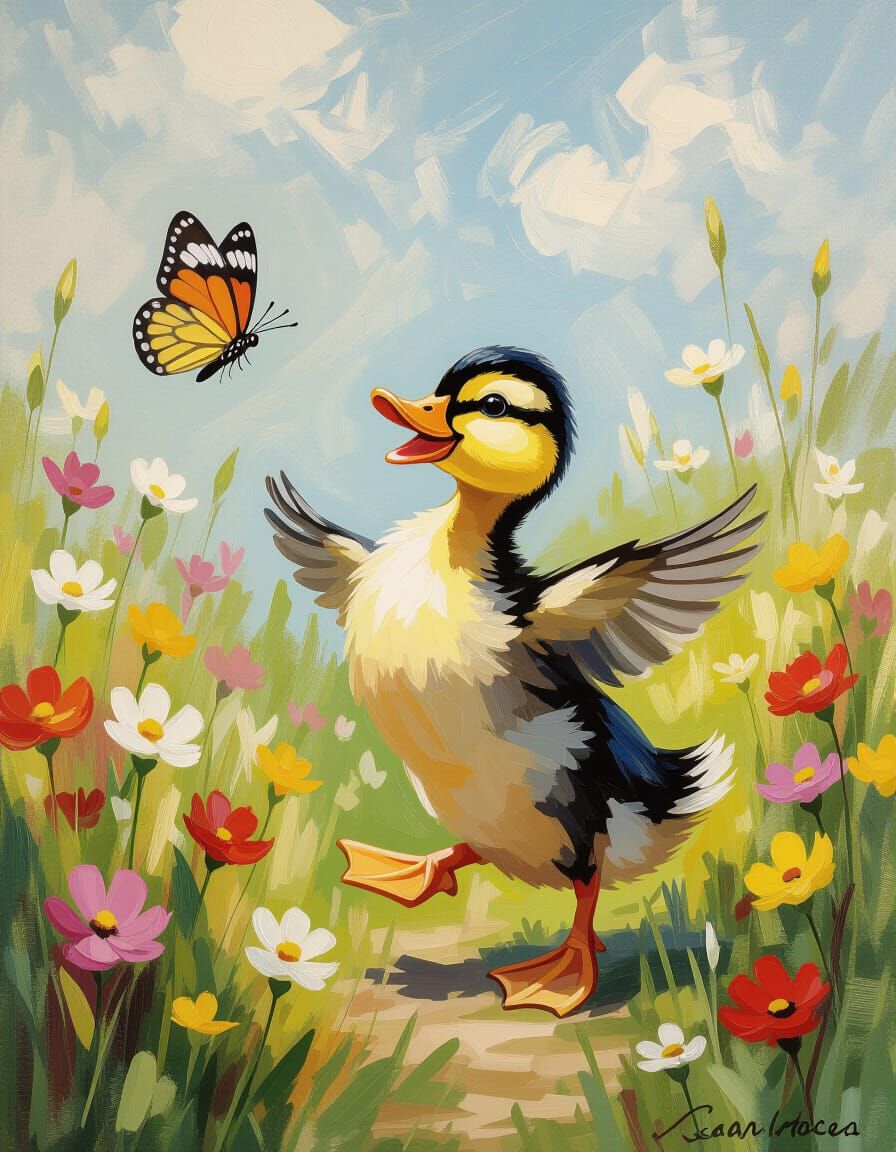 Duckling and Butterfly Dance in Impasto Meadow