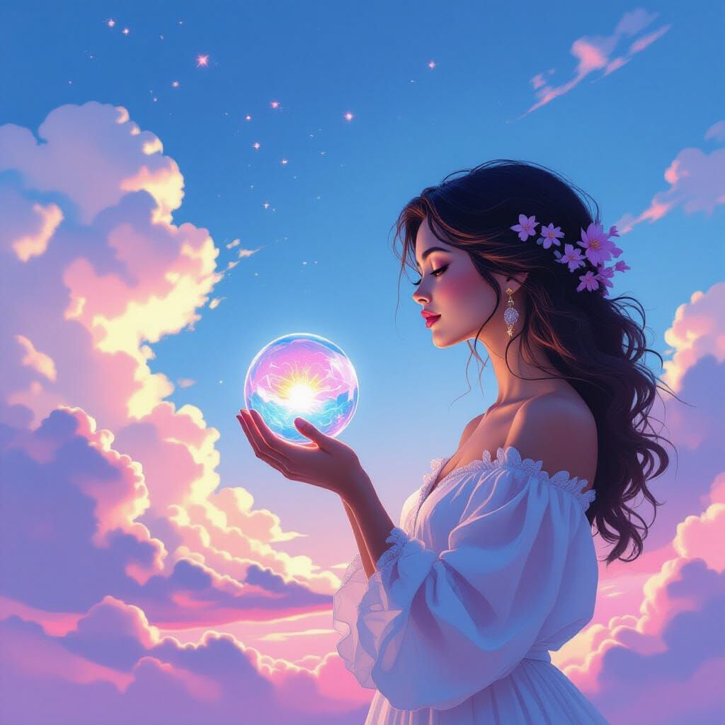 Woman Gazing at Flower in Crystal Ball