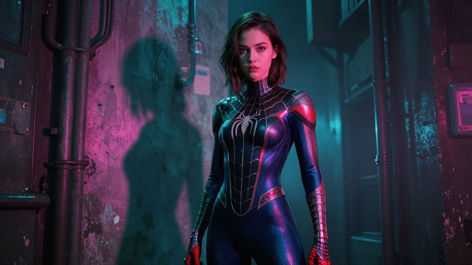 Cyberpunk Woman in Futuristic Spider-Man Suit