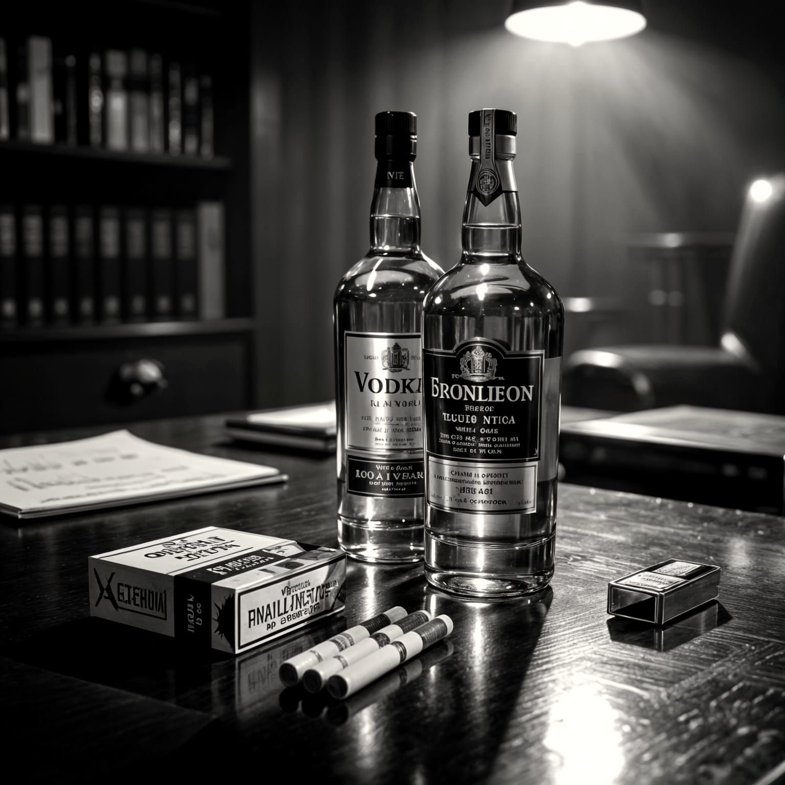 Noir Office Scene: Vodka, Cigarettes, and Mystery