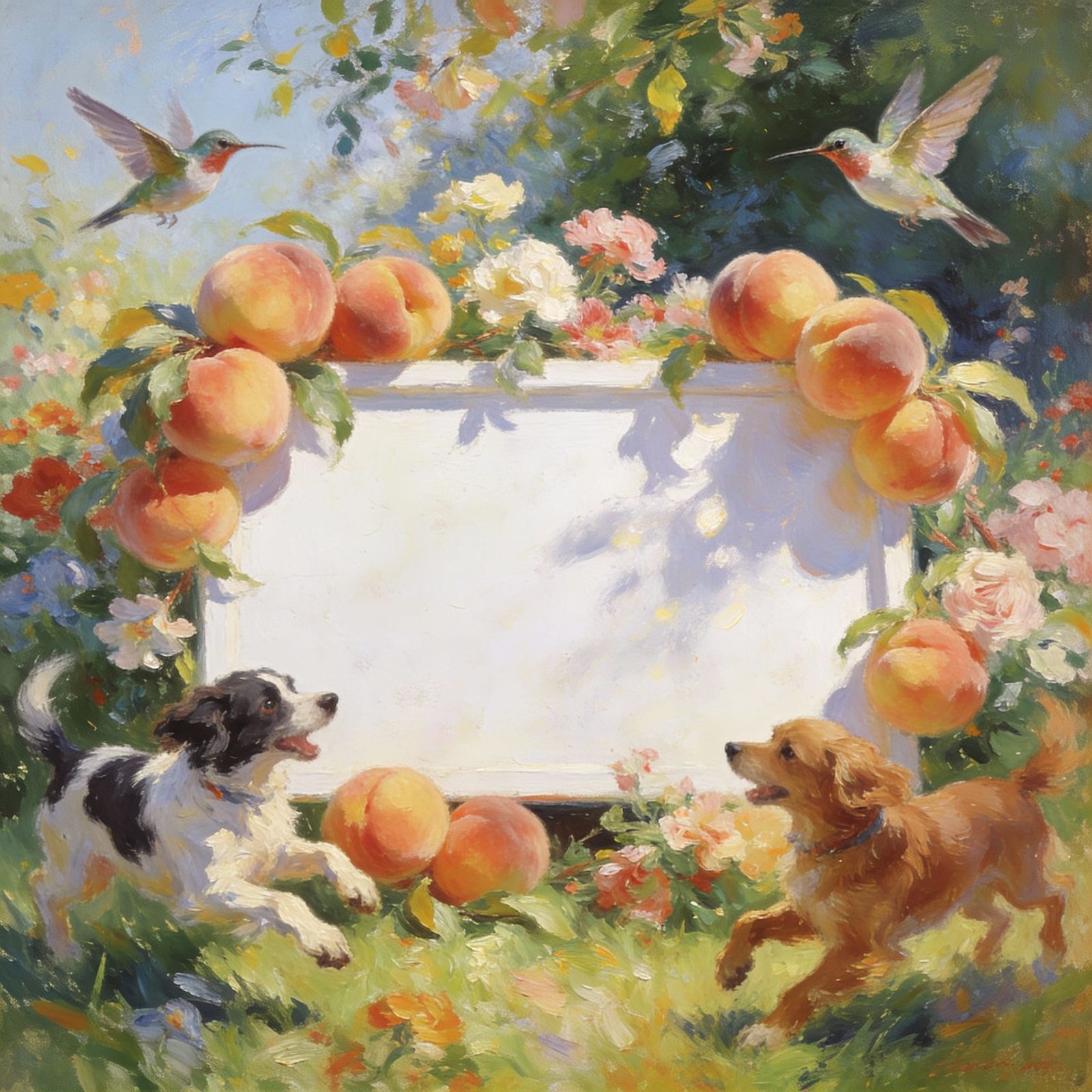 Dogs, Hummingbirds, and Flowers Around a White Sign