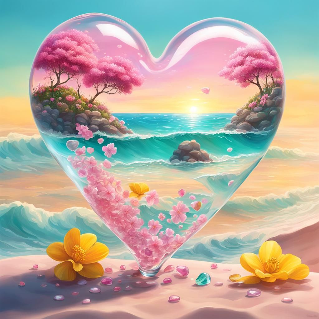A landscape where pink and yellow flowers bloom inside several transparent glass hearts, and a beach where emerald waves
