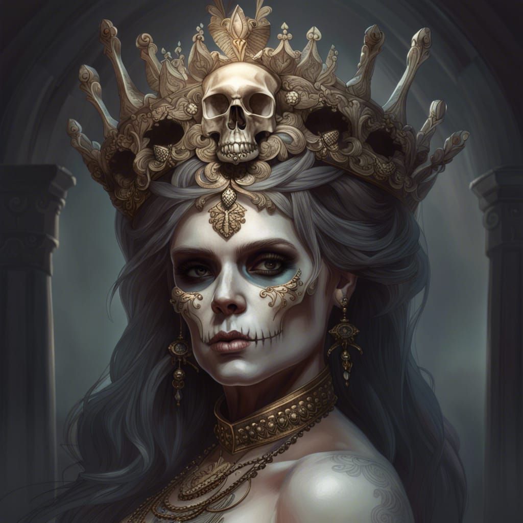 skull queen, wearing crown, death, hyperrealistic,