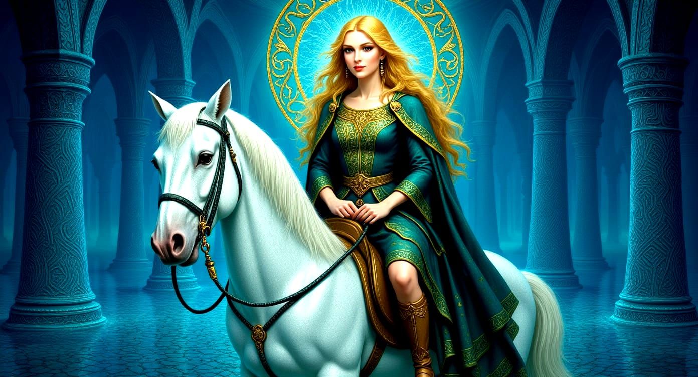 Celtic Princess Rides Holographic Horse in Surreal Style