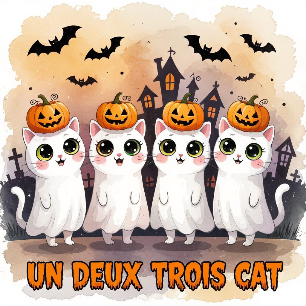 Ghost Cats in Watercolor for Halloween Party
