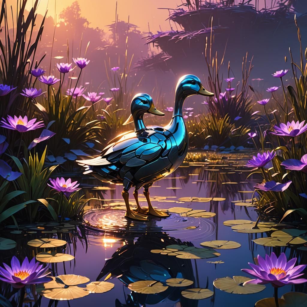 Futuristic Robot Duck in Glowing Wetlands