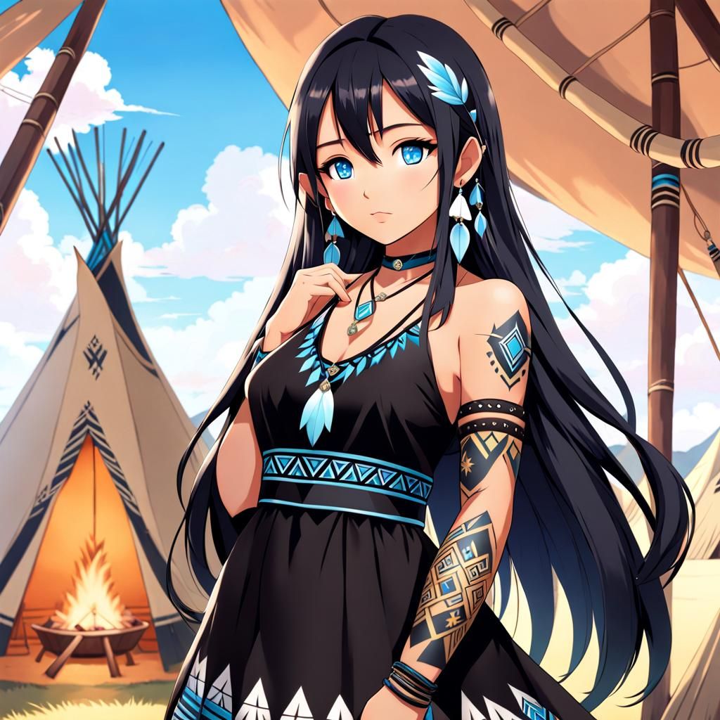 Native American Woman in Traditional Dress, Anime Style
