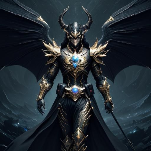 Mystical Armored Figure Amidst Storms, Flames and Shadows