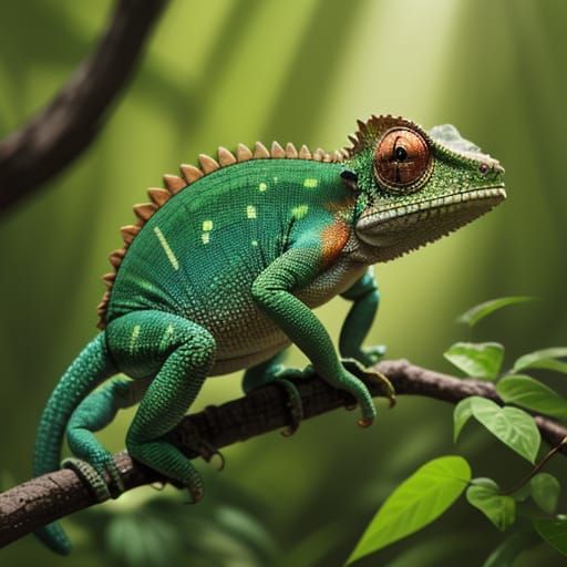 Hyperrealistic Chameleon on Branch Wildlife Photo