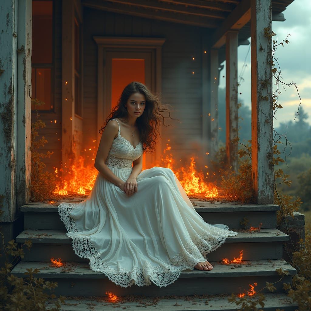 Woman Amidst Flames: Victorian Gothic Matte Painting