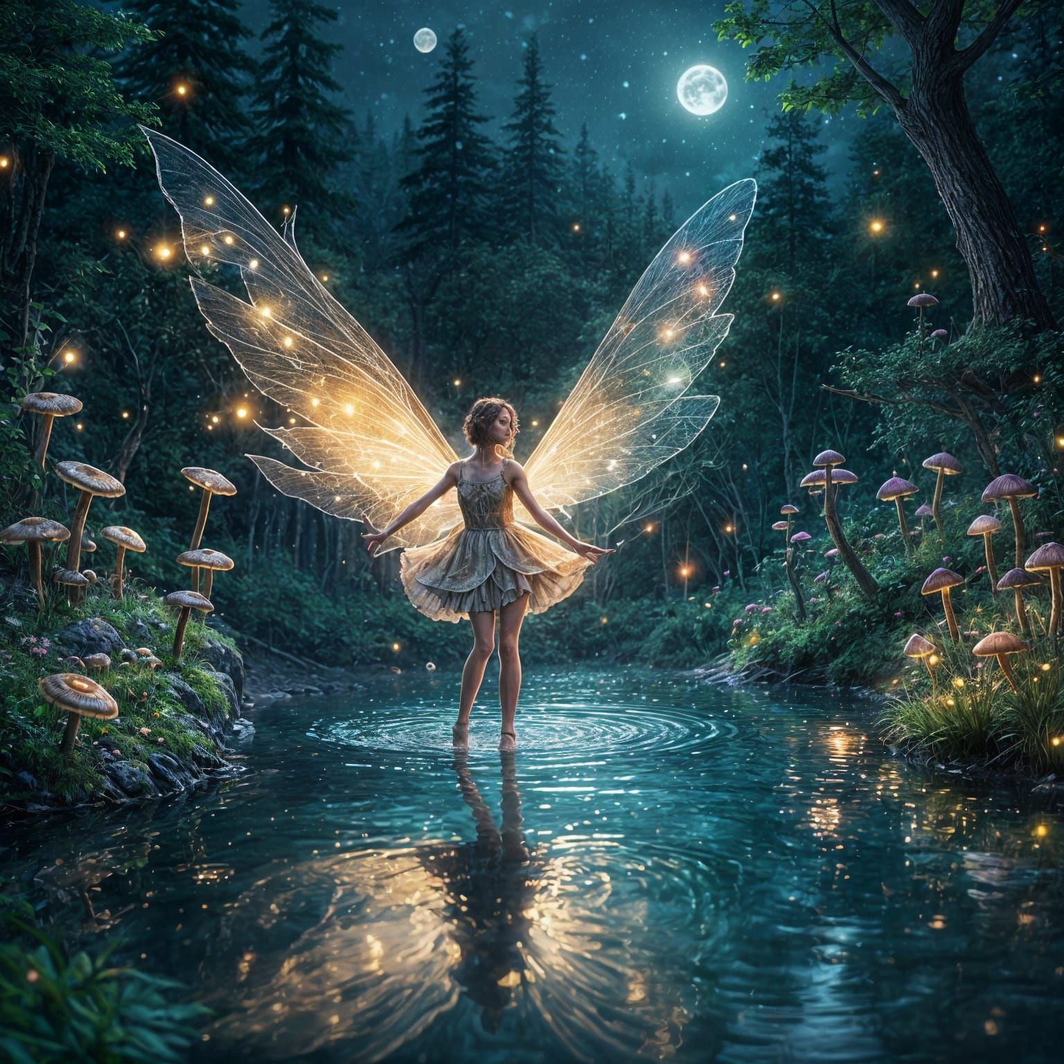 Whimsical Fairy Dances Under Moonlight in a Hyperrealistic F...