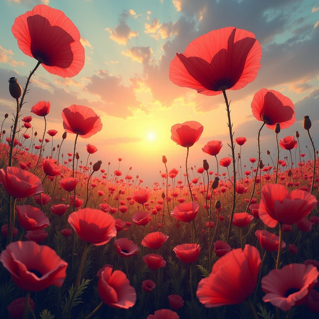 Vibrant Poppy Field at Sunset: A Surrealist Landscape