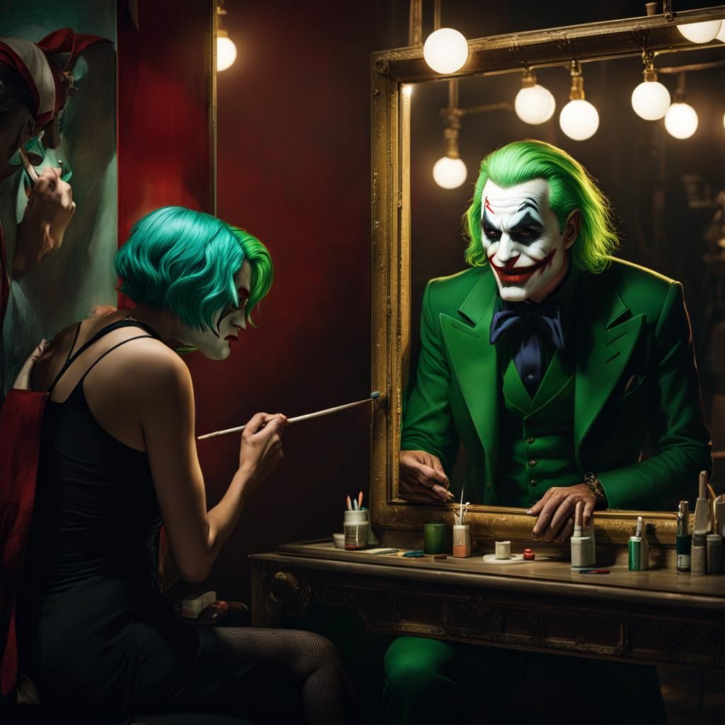 Green Haired Man Prepares Joker Makeup, Hyperrealistic Art