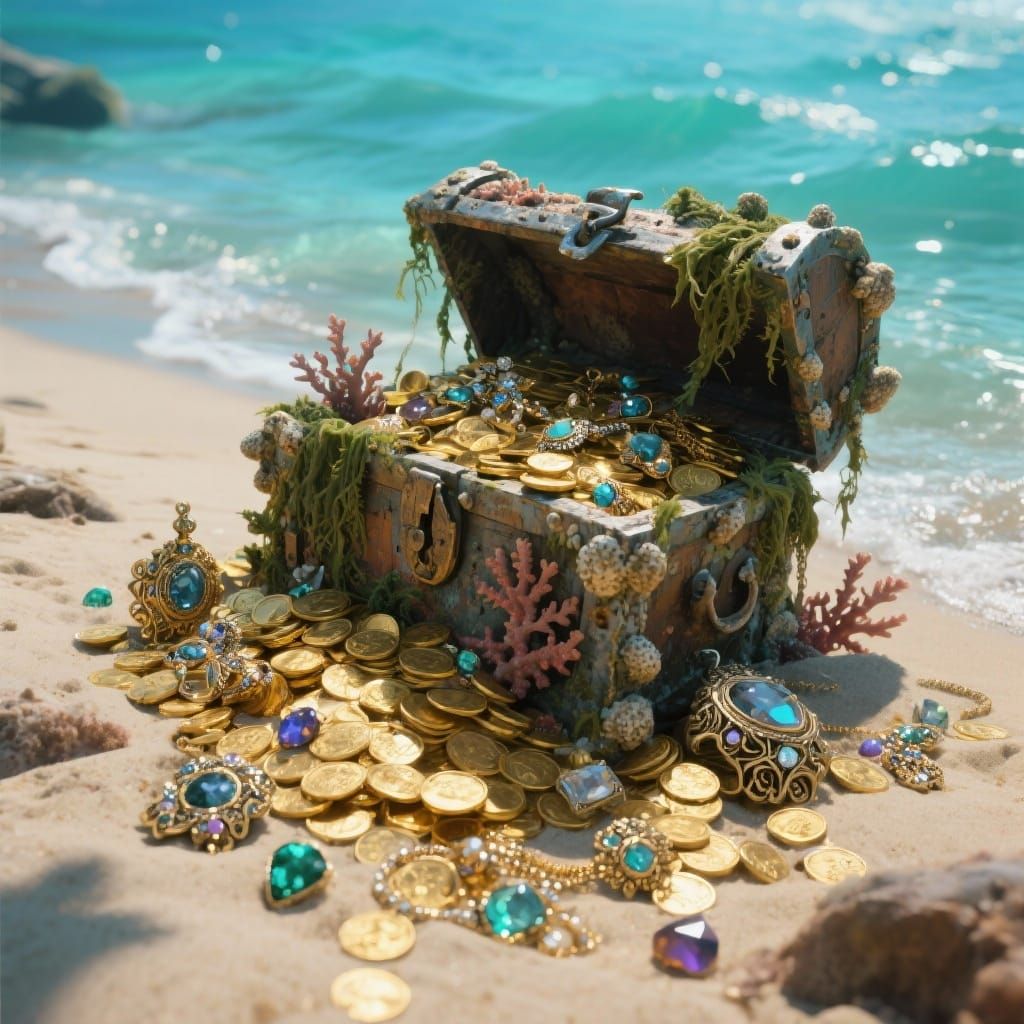 Ocean Treasure Chest Overflowing on Beach