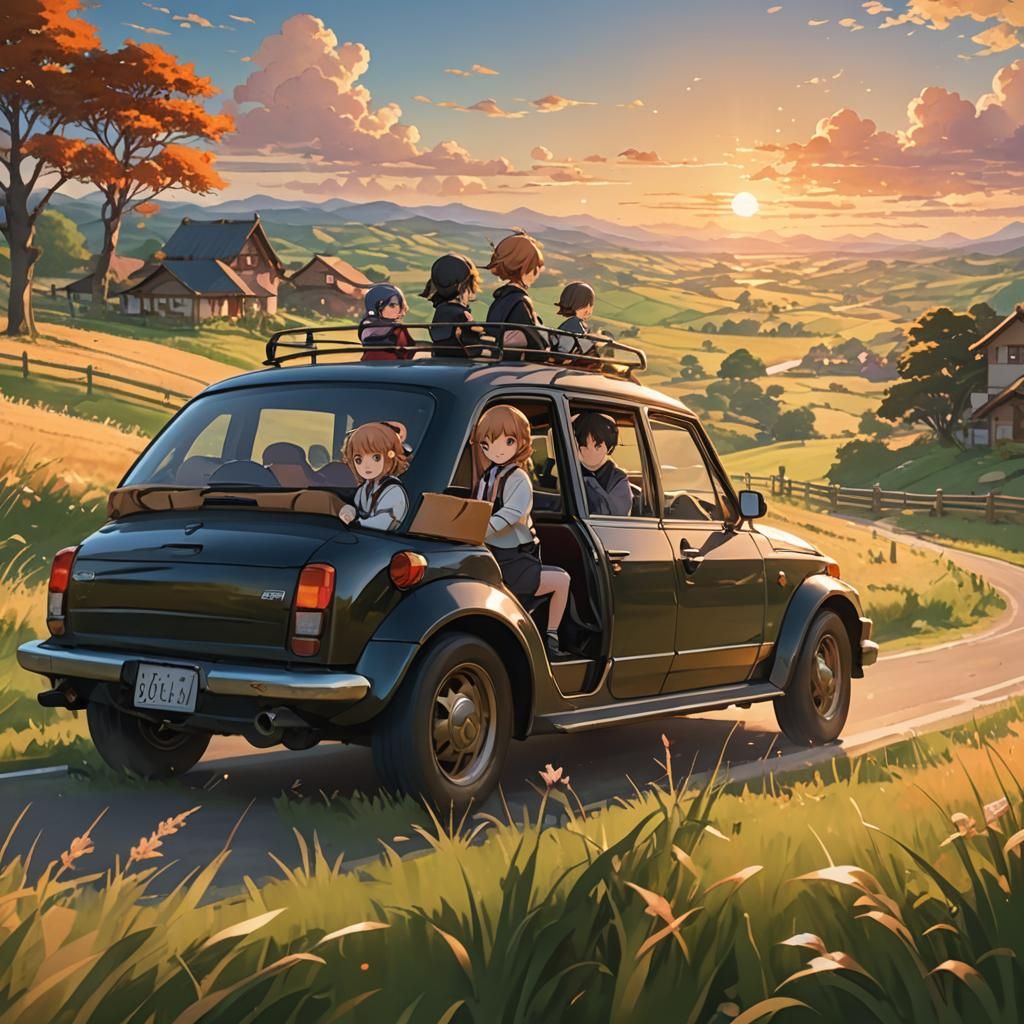 Family Drive Through Countryside: 3D Anime Art