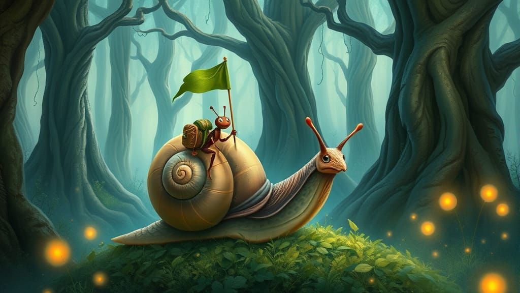 A tiny ant riding a snail through a forest.