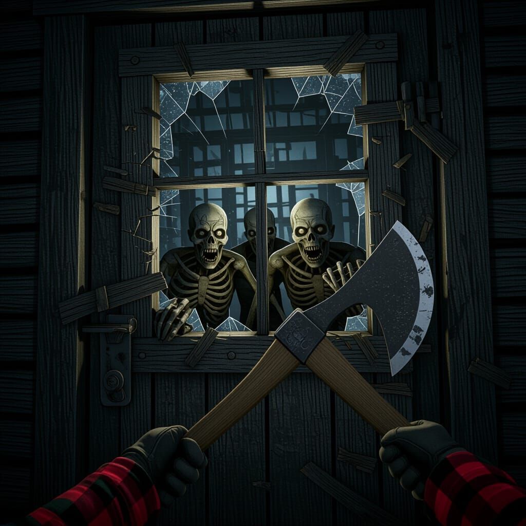 First-Person Apocalyptic Scene: Axe, Zombies, and Barricaded...