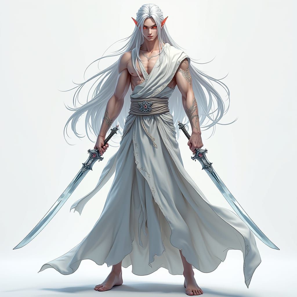 Elegant Half-Elf Warrior in White Monk Robes