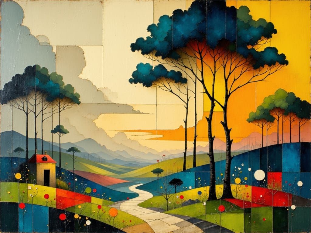 Classical Landscape Painting in Abstract Cubism Style