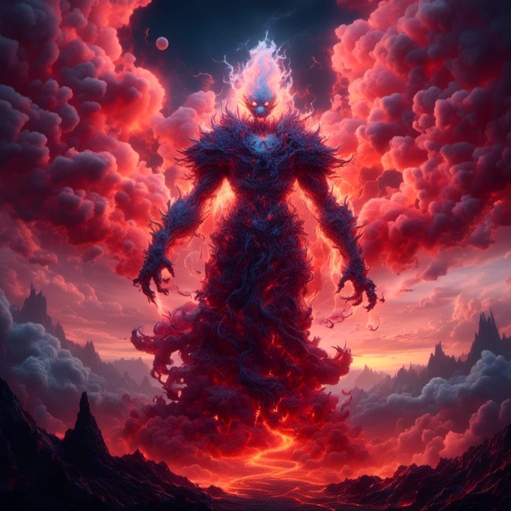 Mythical Fire God Ifrit Rising at Sunset
