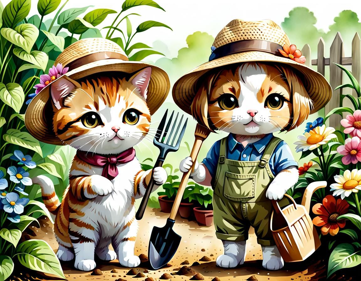 Chibi Cat and Dog Gardeners in Watercolor Style