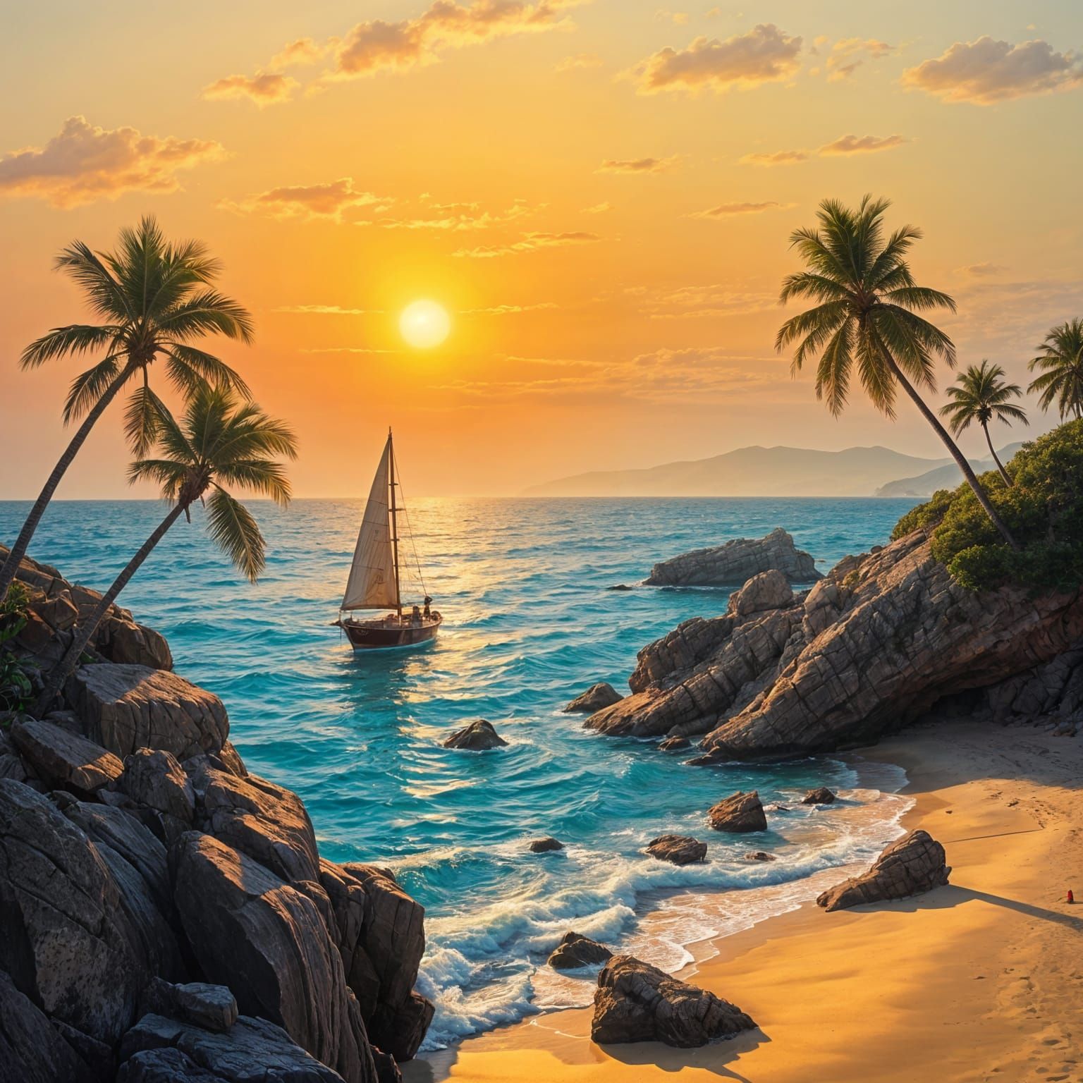Surreal Sunset Beach Scene with Sailing Boat and Palm Trees