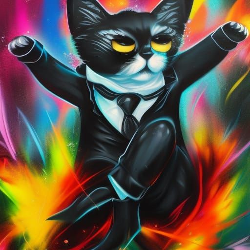 Black Cat in Suit Shooting RPG in Graffiti Style