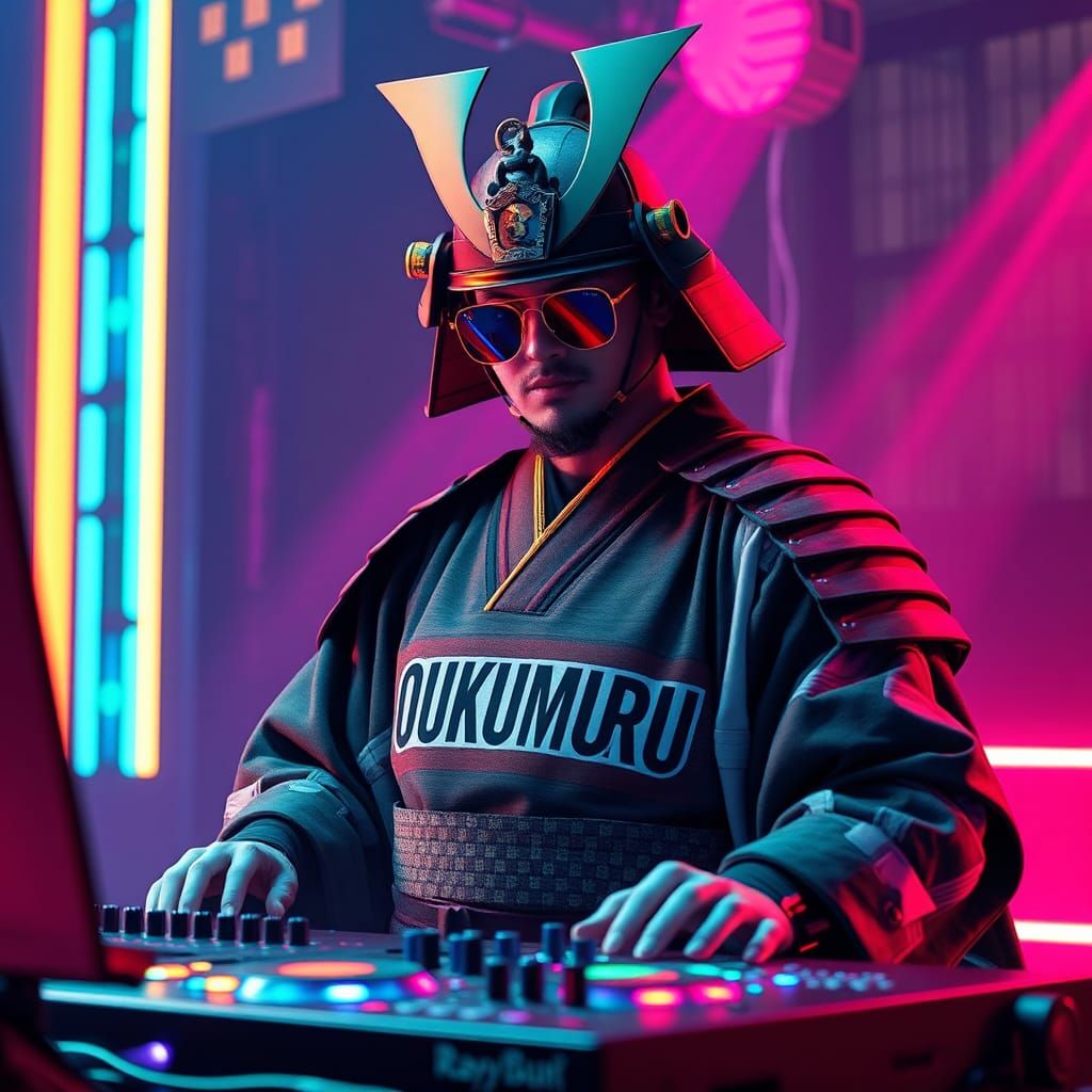 Samurai DJ in Cyberpunk Style with Neon Lights