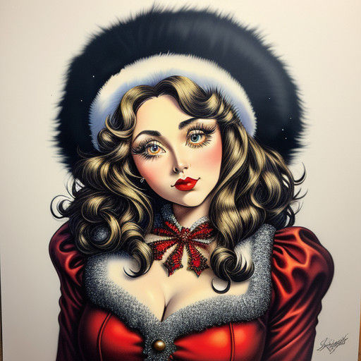 Serene Christmas Pinup Girl in Vintage Oil Style