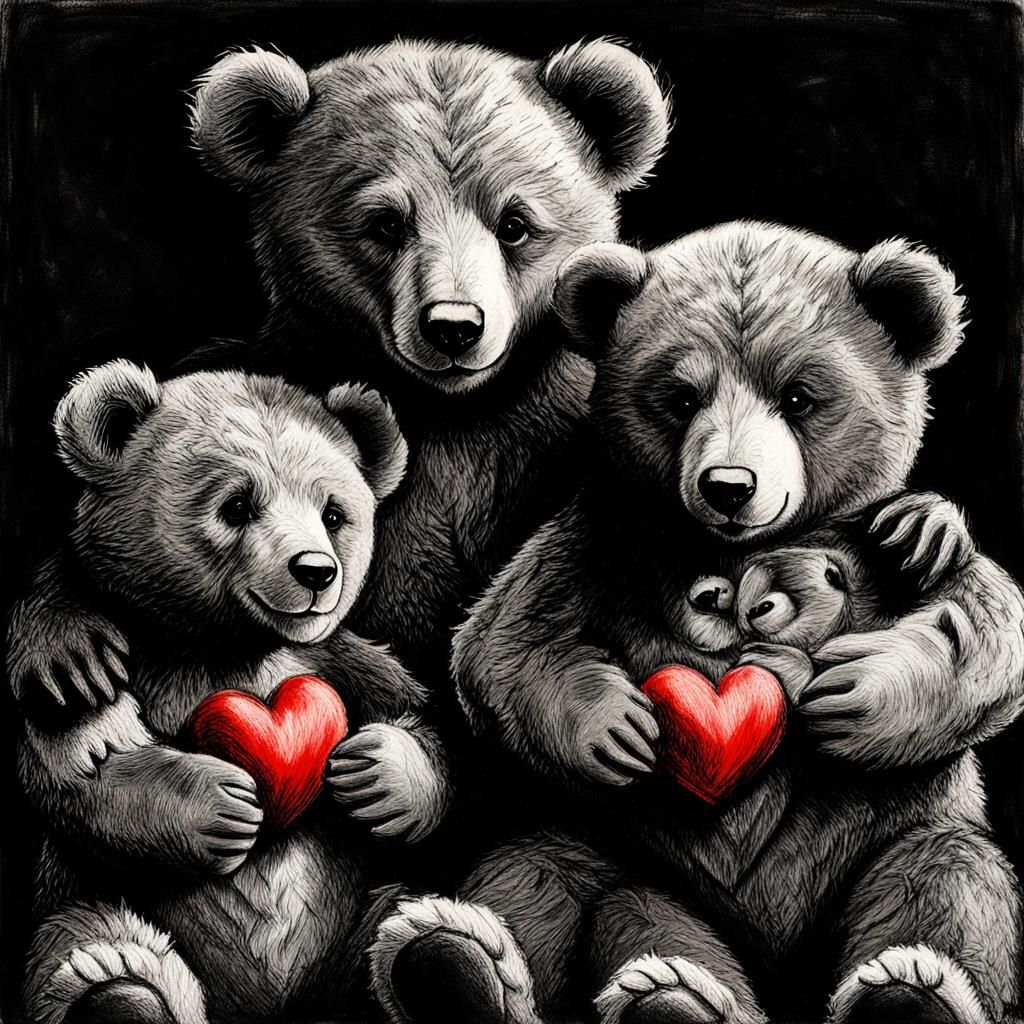 Teddy Bears with Heart: Charcoal Drawing in Redon Style