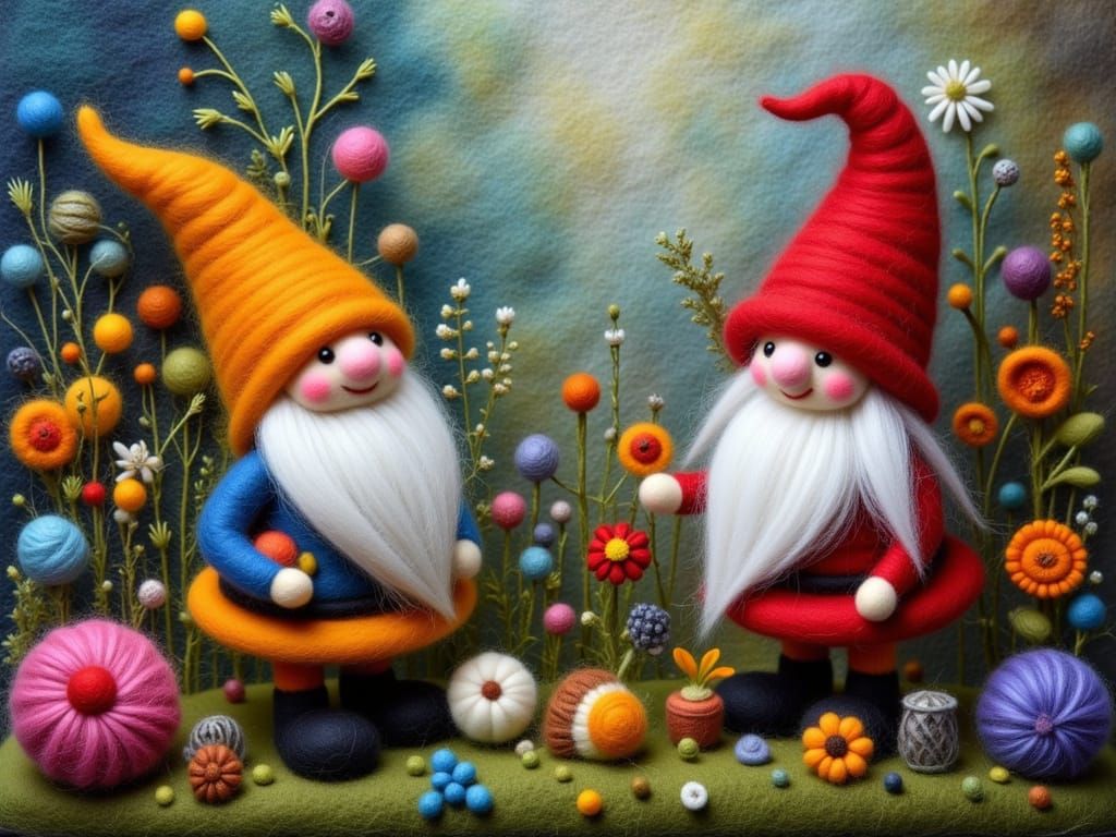 Gnomes Playing in a Magical Garden as Felted Wool Art