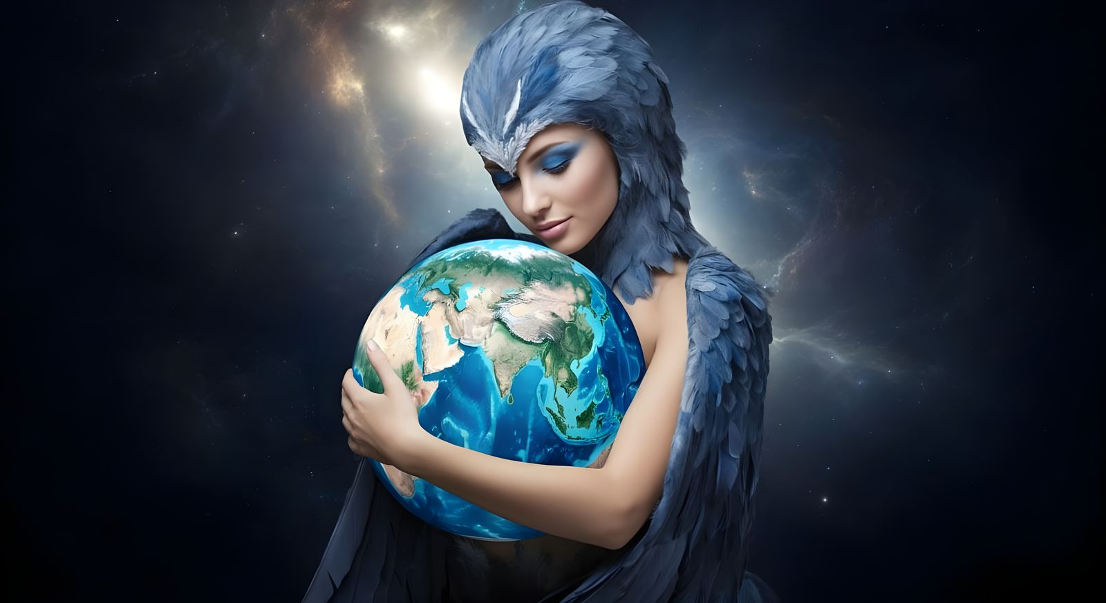 Woman Thunderbird Hugging Earth in Cyberpunk Style