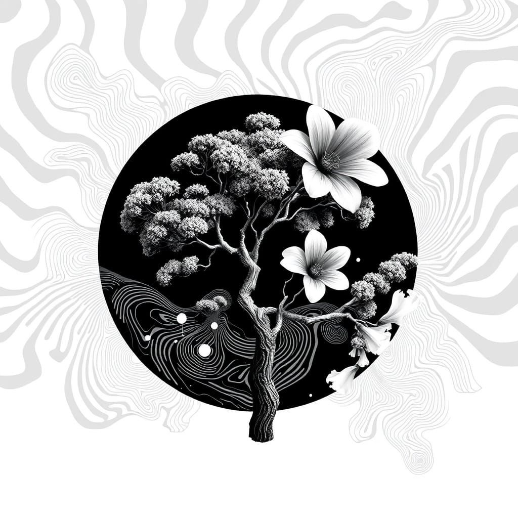 Surreal Black and White Landscape with a Single Tree and Flo...