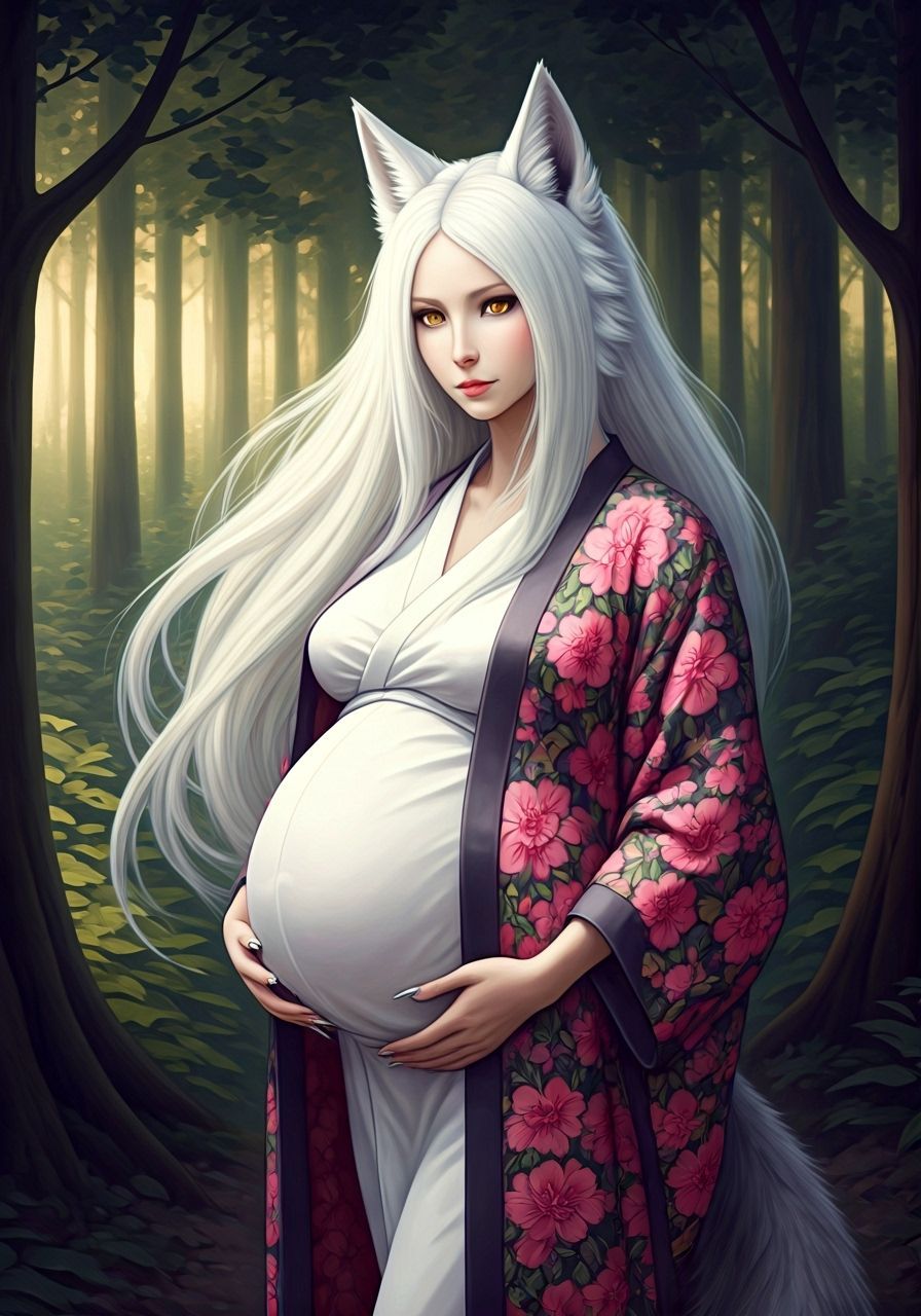 Pregnant Woman with Wolf Ears in Forest, Oil Painting