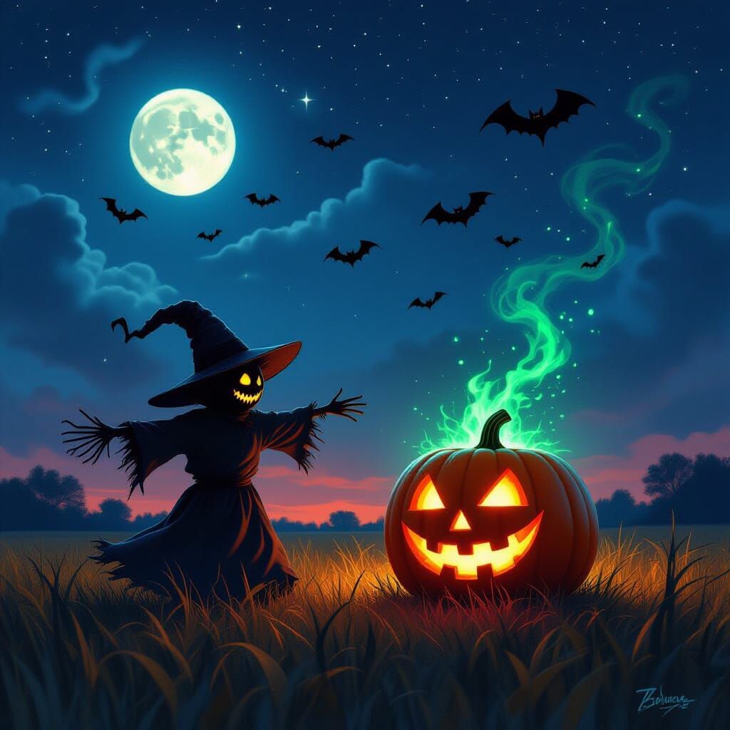 Halloween Night Battle: Scarecrow Fights Pumpkin Under Bat-F...