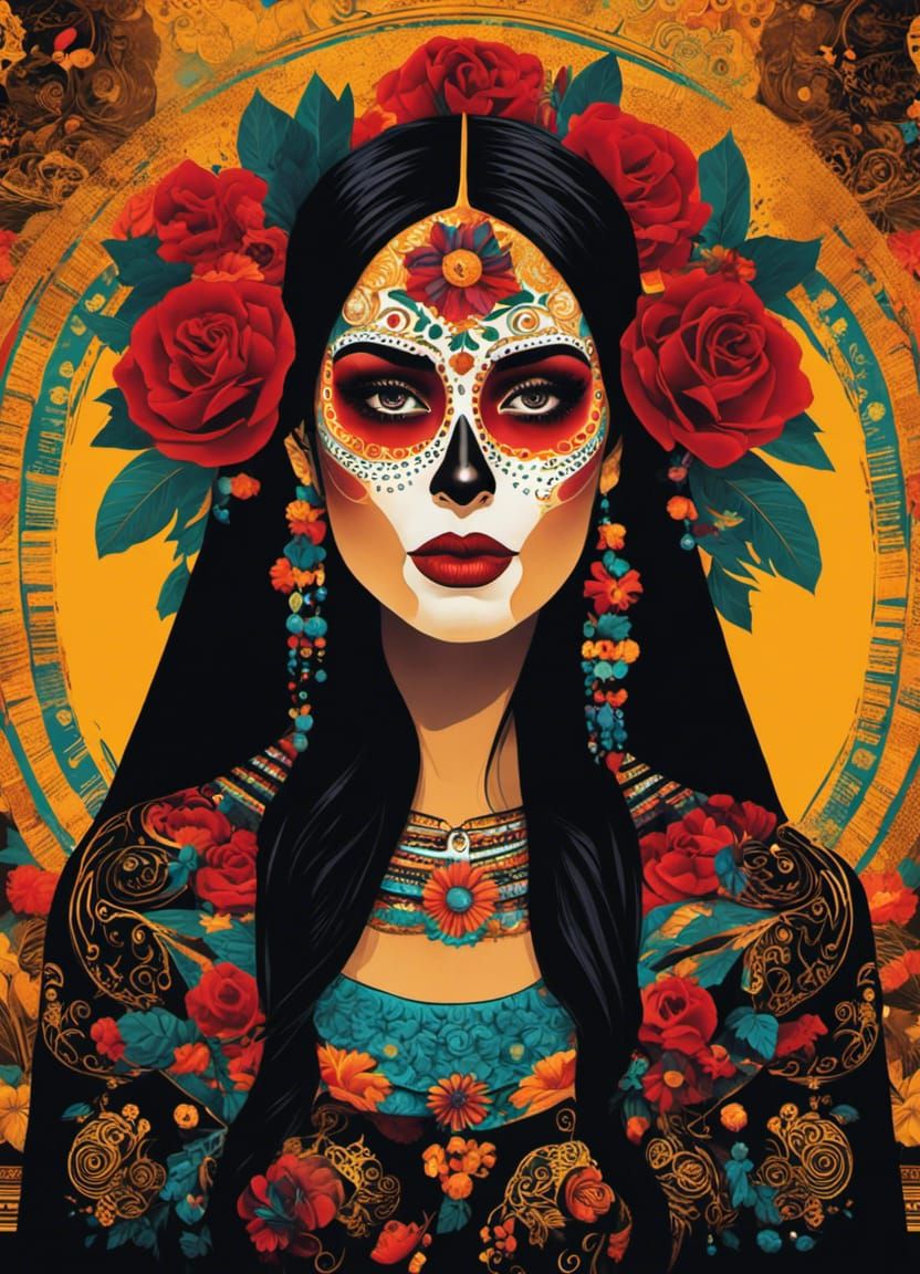 Mexican Woman with Klimt Background in Gothic Pop Art