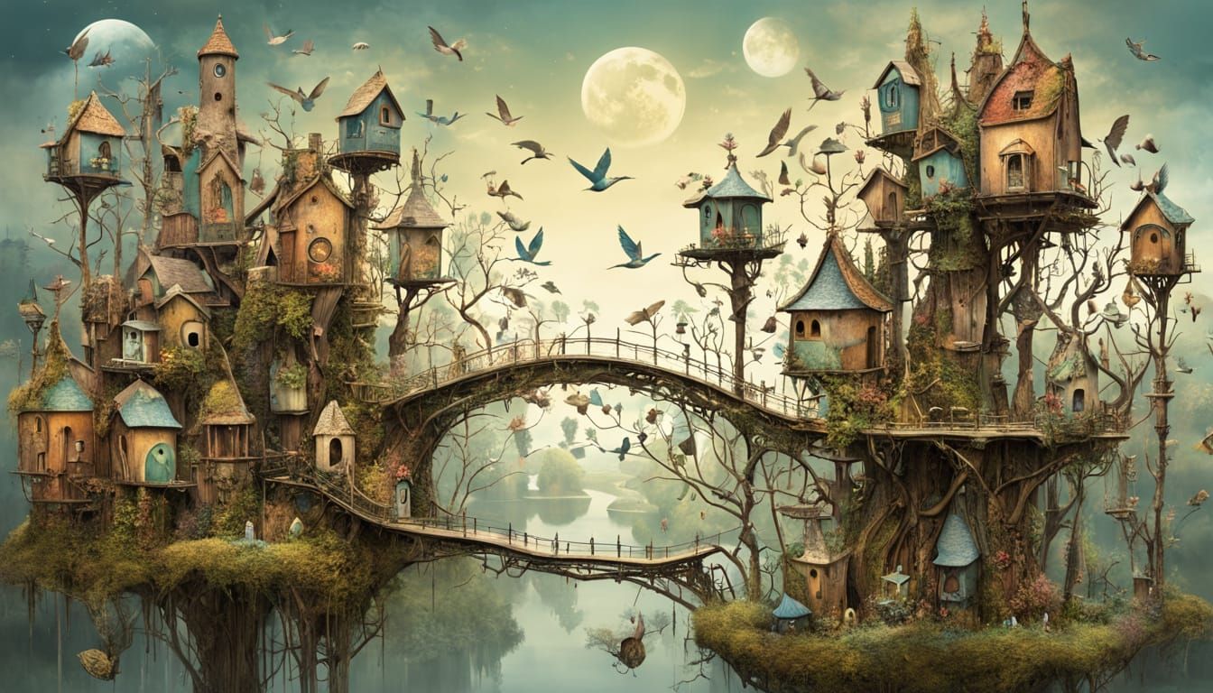 Surreal Birdhouse City with Melting Clock Towers